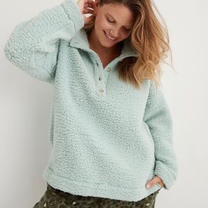 Aerie Cloud Sherpa Oversized Button Pullover Teal Mint Green
